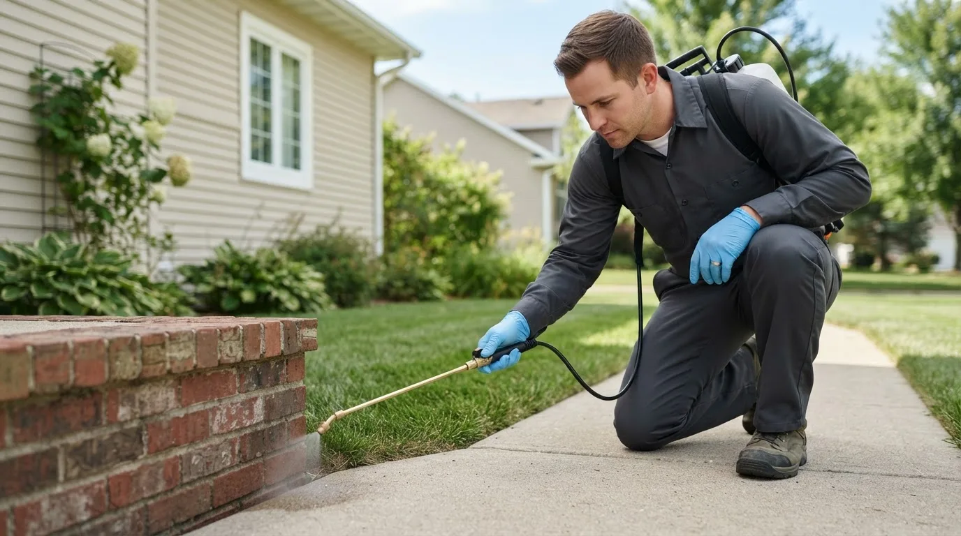 Pest control technician treating a home near Leipsic, OH